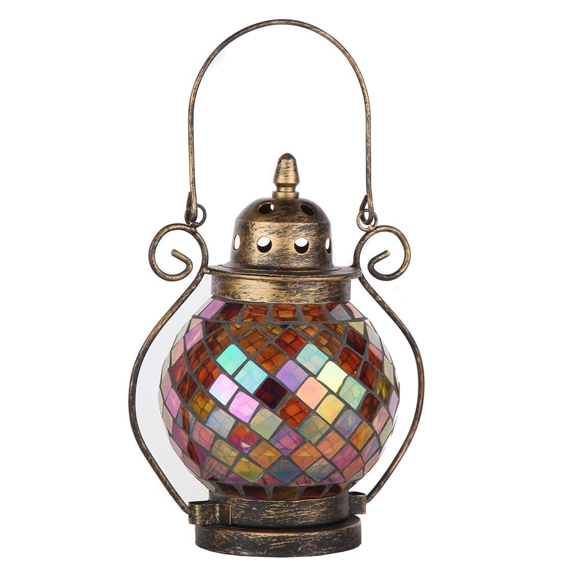 Lily's Home Decorative Candle Lanterns, Mosaic Glass and Wrought Iron Tea Light Candle Holder for Indoor or Outdoor Hanging Lantern. Candle NOT Included. Orange and Gold