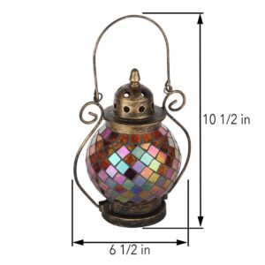 Lily's Home Decorative Candle Lanterns, Mosaic Glass and Wrought Iron Tea Light Candle Holder for Indoor or Outdoor Hanging Lantern. Candle NOT Included. Orange and Gold