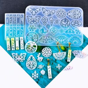 fineinno resin mold,earring mold epoxy pendant molds jewelry molds casting silicone molds resin leaf,teardrop, round, heart shaped, snowflake etc (cute earring mold)