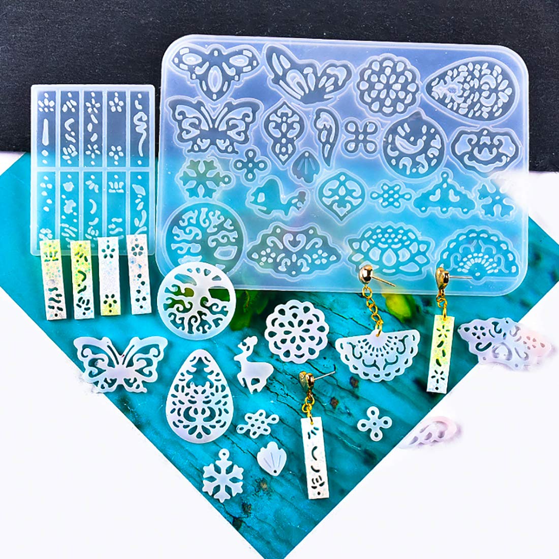 FineInno Resin Mold,Earring Mold Epoxy Pendant Molds Jewelry Molds Casting Silicone Molds Resin Leaf,Teardrop, Round, Heart Shaped, Snowflake Etc (Cute Earring Mold)