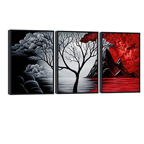 Wieco Art Large Size Framed Art Canvas Art Prints Wall Art the Cloud Tree Abstract Pictures Paintings for Bedroom Home Office Decorations Contemporary Artwork 3 Panels Black Frames