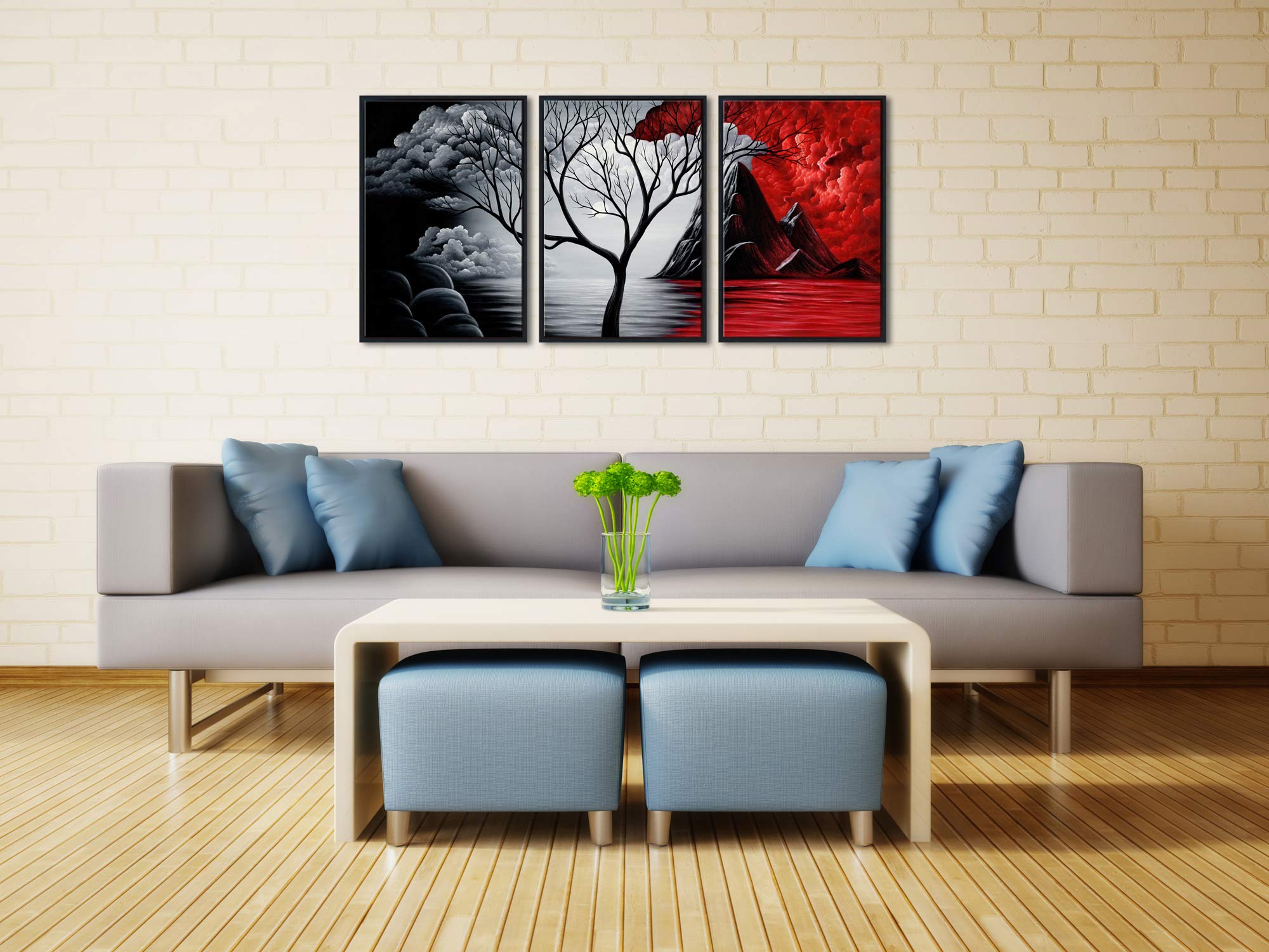 Wieco Art Large Size Framed Art Canvas Art Prints Wall Art the Cloud Tree Abstract Pictures Paintings for Bedroom Home Office Decorations Contemporary Artwork 3 Panels Black Frames