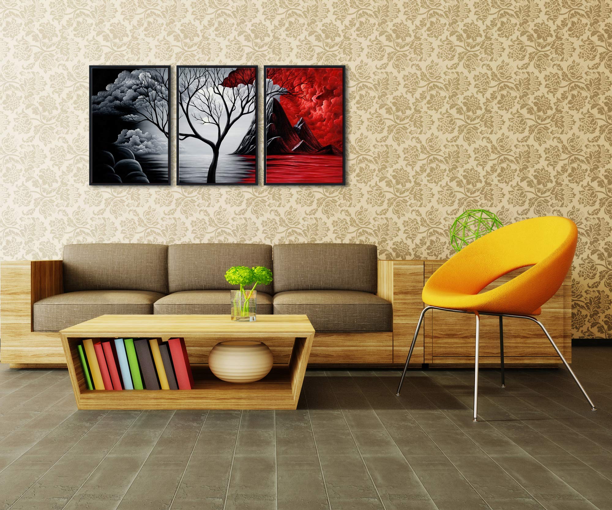 Wieco Art Large Size Framed Art Canvas Art Prints Wall Art the Cloud Tree Abstract Pictures Paintings for Bedroom Home Office Decorations Contemporary Artwork 3 Panels Black Frames