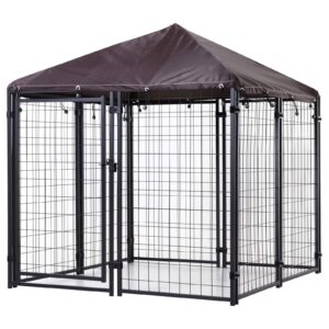 pawhut 5' x 5' x 5' dog kennel outdoor, walk-in pet playpen, welded wire steel dog fence with water-and uv-resistant canopy, jet black