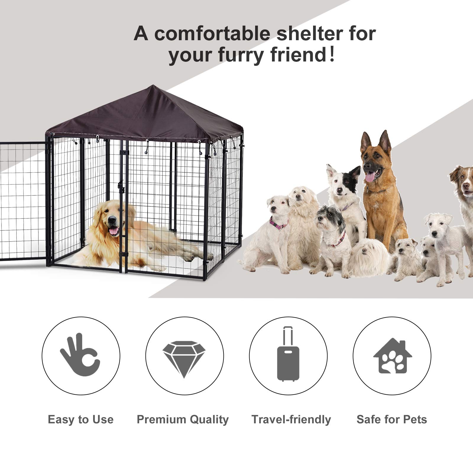 PawHut 5' x 5' x 5' Dog Kennel Outdoor, Walk-in Pet Playpen, Welded Wire Steel Dog Fence with Water-and UV-Resistant Canopy, Jet Black