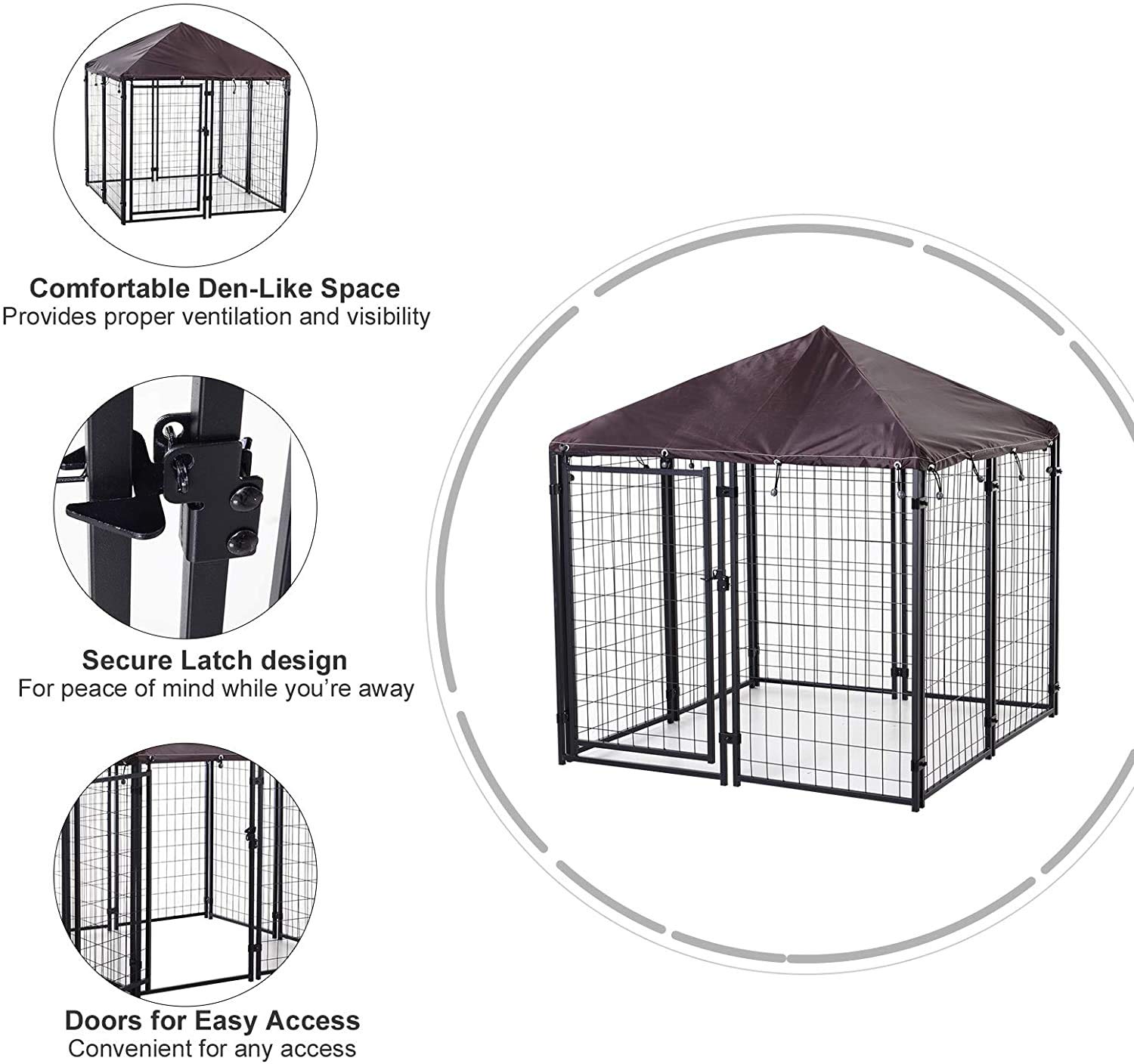 PawHut 5' x 5' x 5' Dog Kennel Outdoor, Walk-in Pet Playpen, Welded Wire Steel Dog Fence with Water-and UV-Resistant Canopy, Jet Black