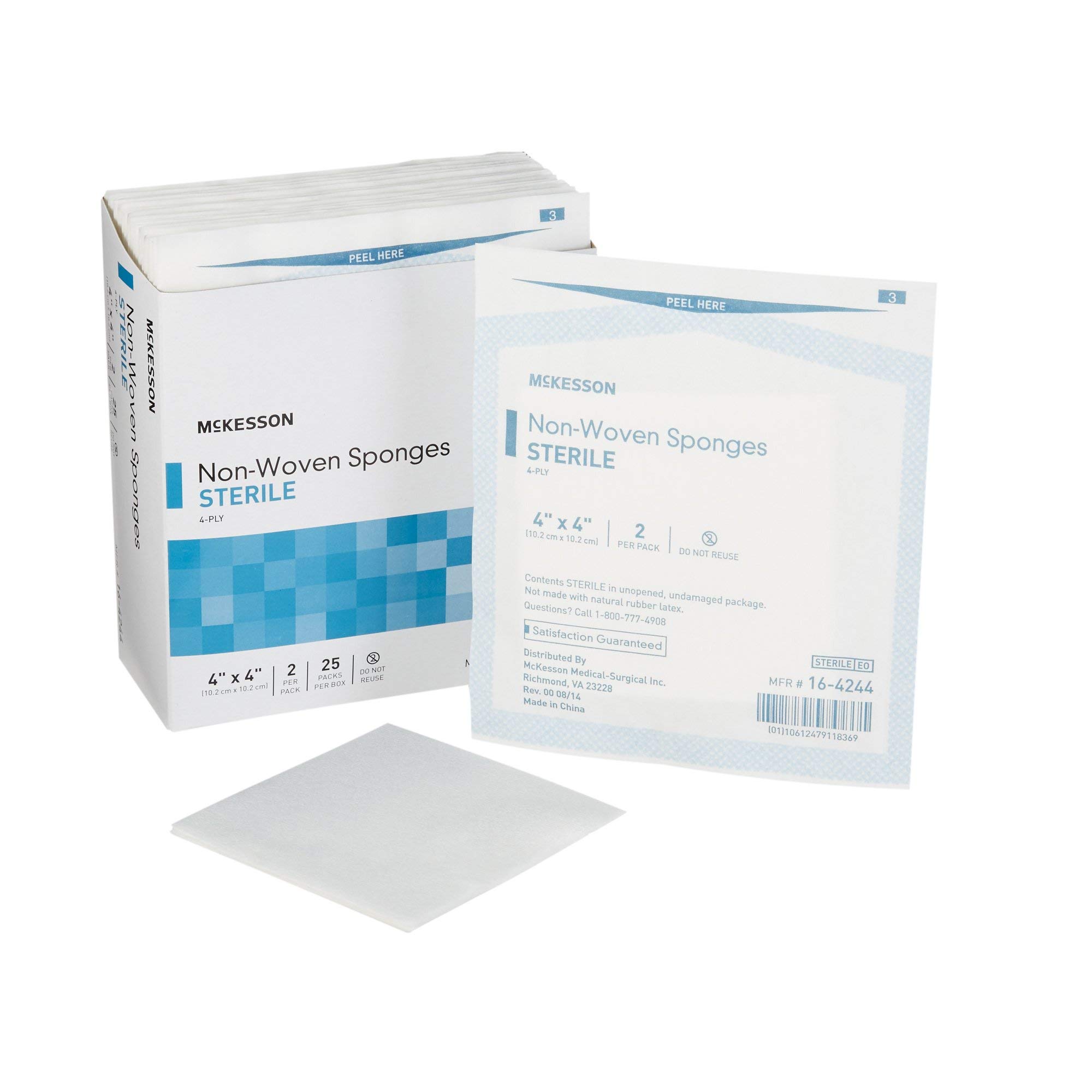 McKesson Non-Woven Sponges, Sterile, 4-Ply, Polyester/Rayon, 4 in x 4 in, 2 per Pack, 25 Packs, 50 Total