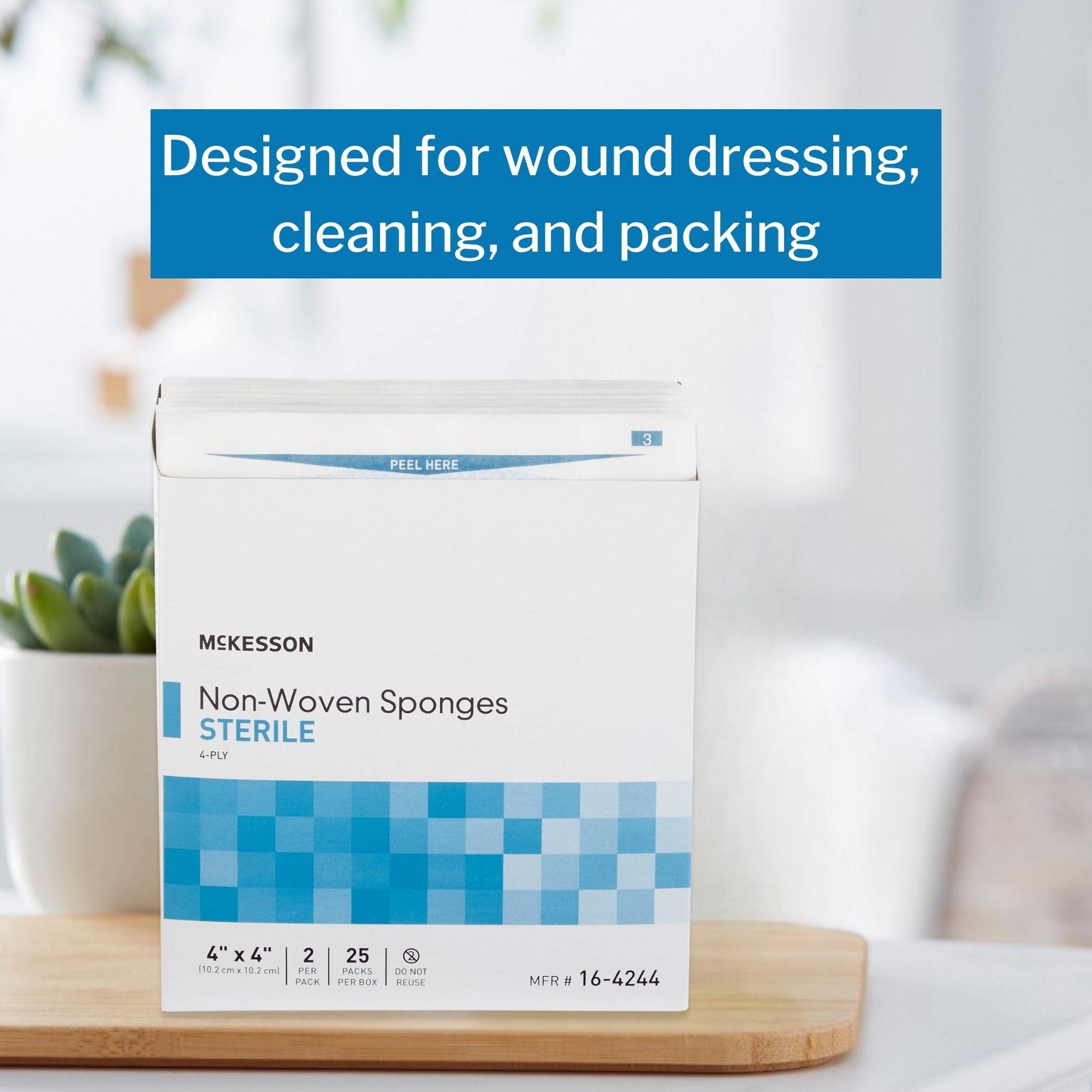 McKesson Non-Woven Sponges, Sterile, 4-Ply, Polyester/Rayon, 4 in x 4 in, 2 per Pack, 25 Packs, 50 Total