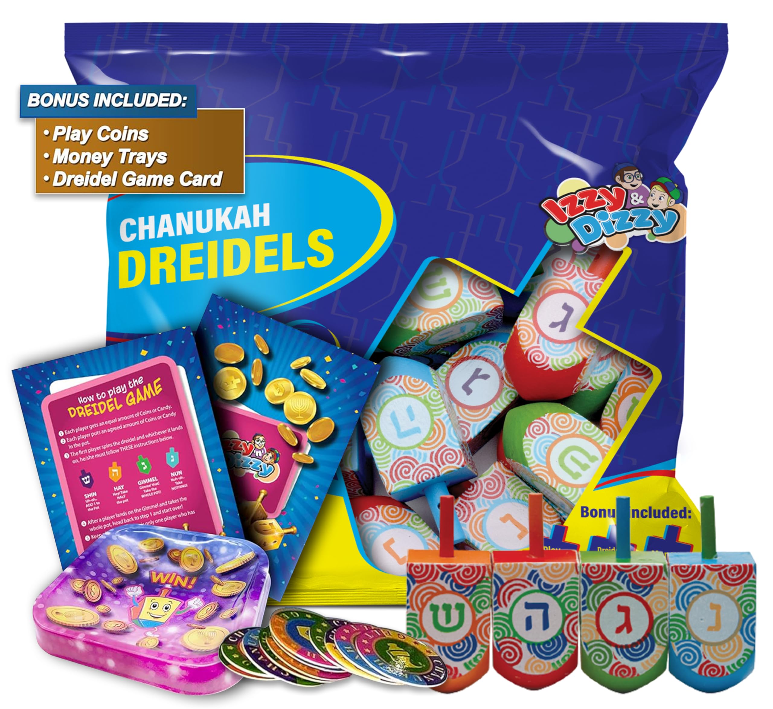 Hanukkah Dreidels - Multi Colored Pattern Print Wooden Dreidel - 10 Pack Medium