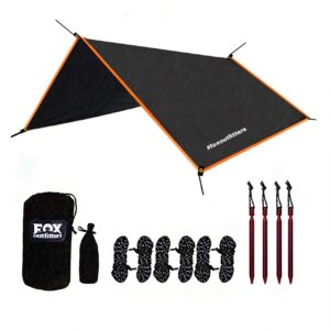 fox outfitters multi use rain fly - 100% waterproof - includes 4 aluminum stakes & 6 tie lines - portable - lightweight, easy setup