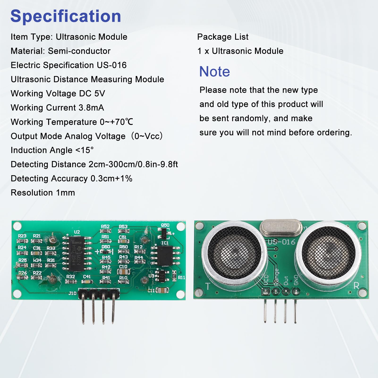 Ultrasonic Sensor, US-016 Analog Voltage Output High Exactness Ultrasonic Distance Rangefinder DC 5V 2cm-300cm