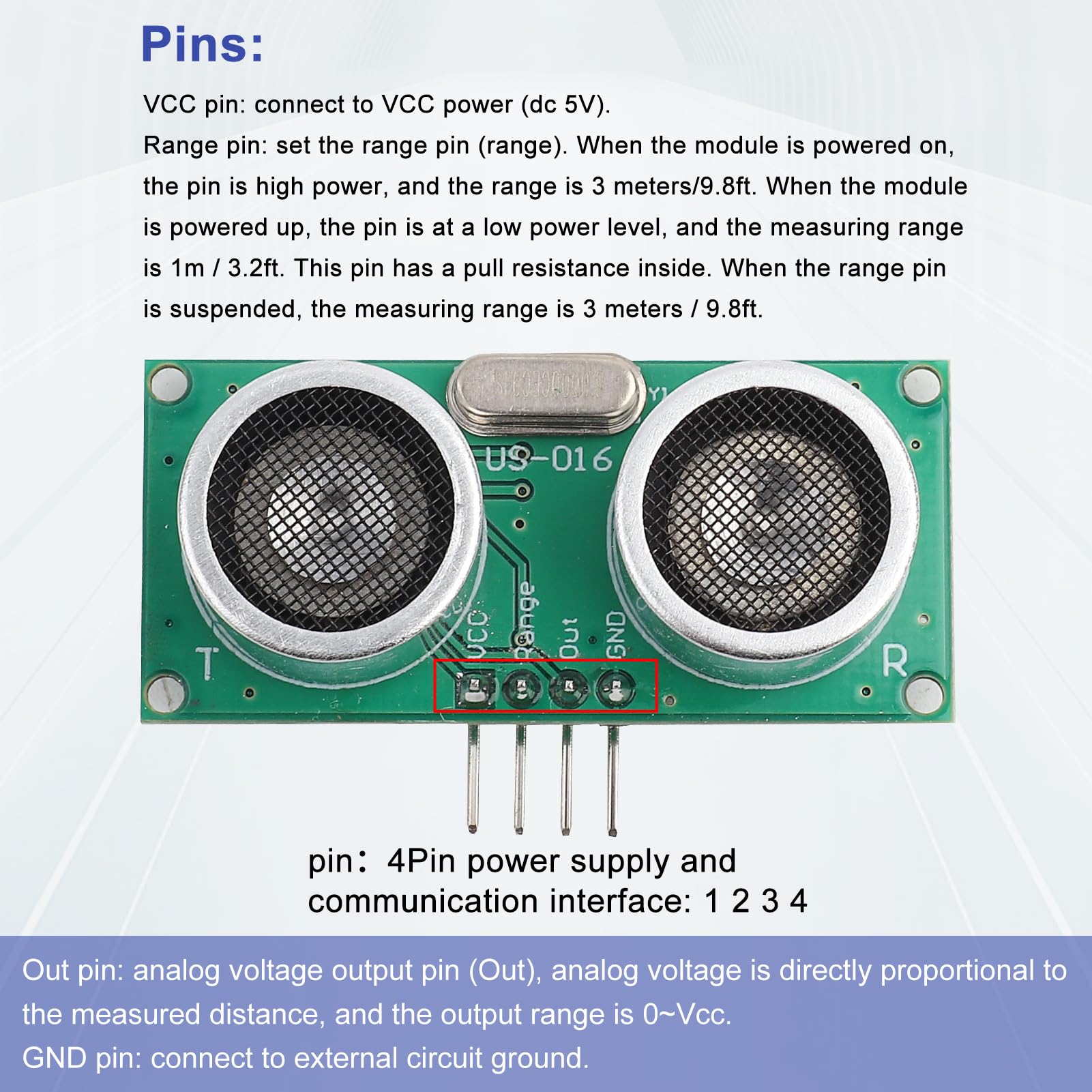 Ultrasonic Sensor, US-016 Analog Voltage Output High Exactness Ultrasonic Distance Rangefinder DC 5V 2cm-300cm