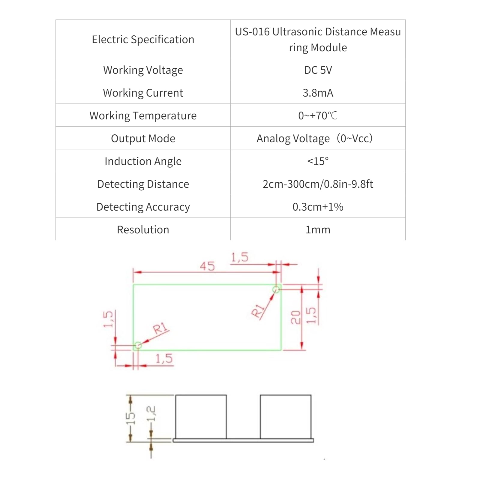 Ultrasonic Sensor, US-016 Analog Voltage Output High Exactness Ultrasonic Distance Rangefinder DC 5V 2cm-300cm