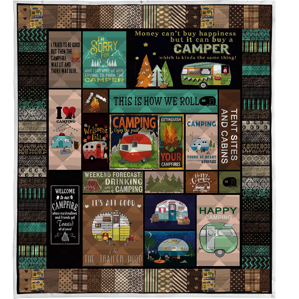 LIVIN' ILLUSION Camping1 Quilt Pattern Blanket Quilted Christmas Birthday Customized Little Kids Graduation Gifts All Season Warm Quilt Blanket for Bed Sofa (Queen 80"×90"(200cm×230cm))