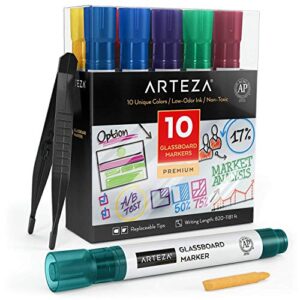 arteza glass board dry erase markers, pack of 10 colors, low-odor ink, erasable mirror and window markers, office supplies for whiteboards, school