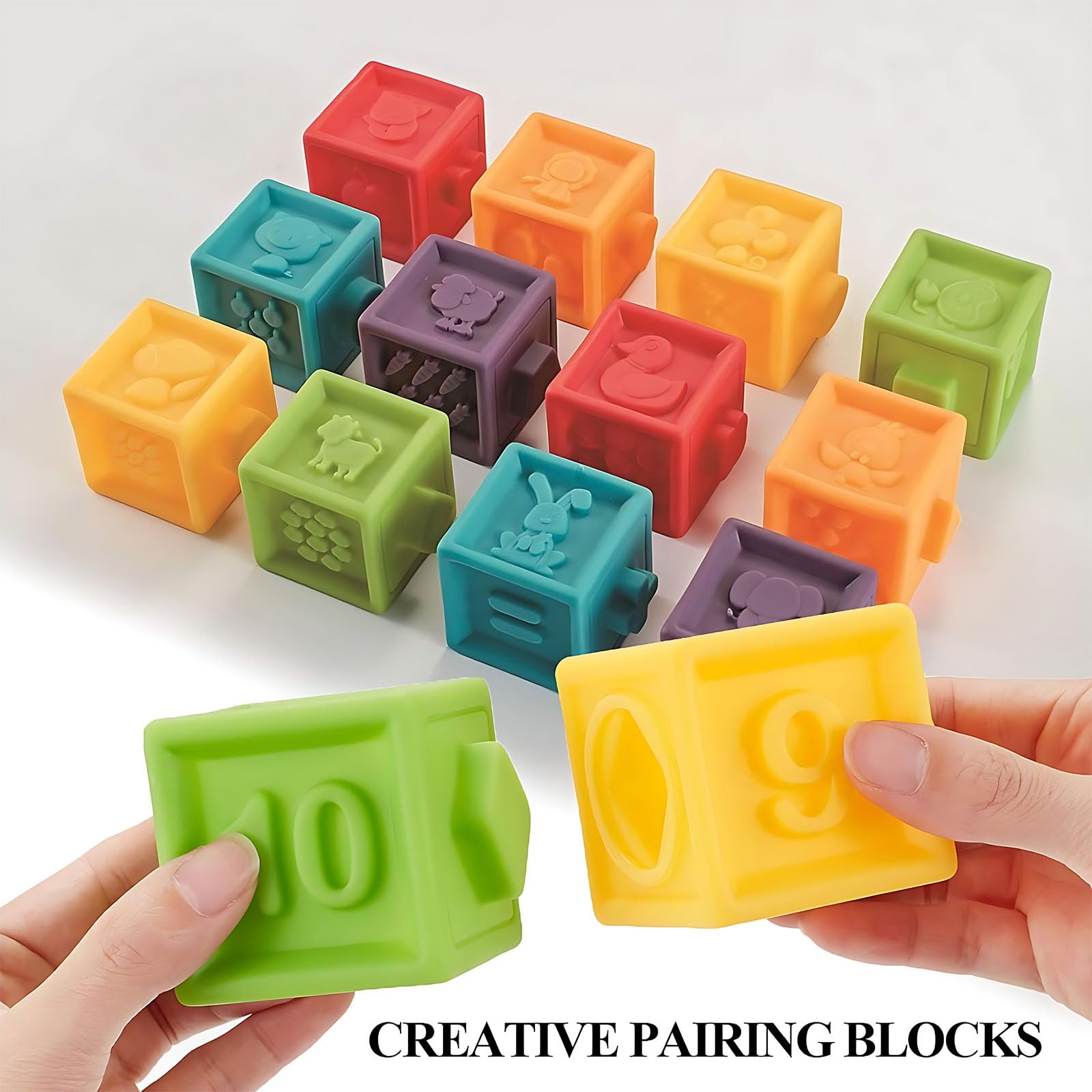 Kingtree Baby Blocks (Set of 12), Soft Silicone Building Blocks Squeeze Stacking Toys for 6 Months and Up Infants, Colorful Early Educational Puzzle Toy with Numbers Animals Shapes Textures