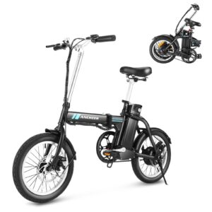 ancheer 16 inch folding electric bike for adults - single speed up to 15.5 mph ebike with removable battery mileage 30 miles, dual disc braking, 3 riding modes (black)