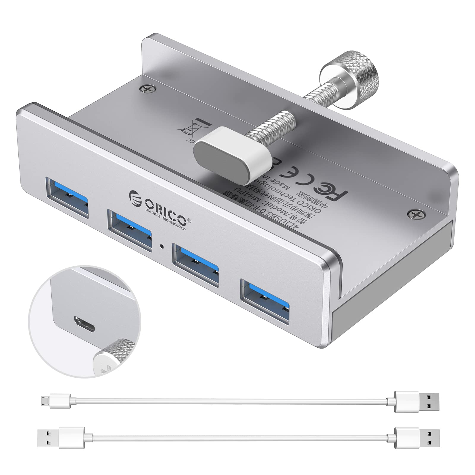 ORICO USB 3.0 Hub, USB Hub Clamp, Aluminum 4-Port USB Splitter with Extra Power Supply Port and 4.92 FT USB A to USB A and USB A to USB C Cable, Desktop Powered USB Hub for Monitors/Desks-Silver