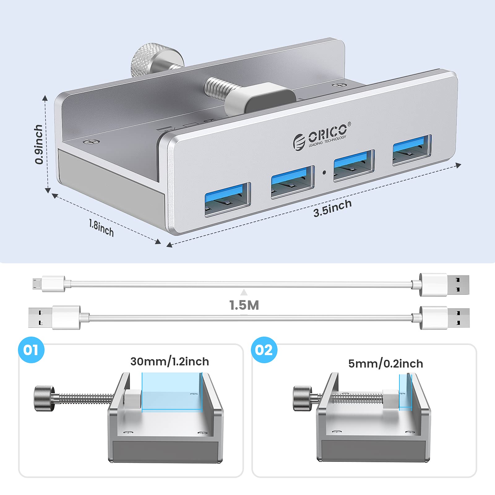 ORICO USB 3.0 Hub, USB Hub Clamp, Aluminum 4-Port USB Splitter with Extra Power Supply Port and 4.92 FT USB A to USB A and USB A to USB C Cable, Desktop Powered USB Hub for Monitors/Desks-Silver