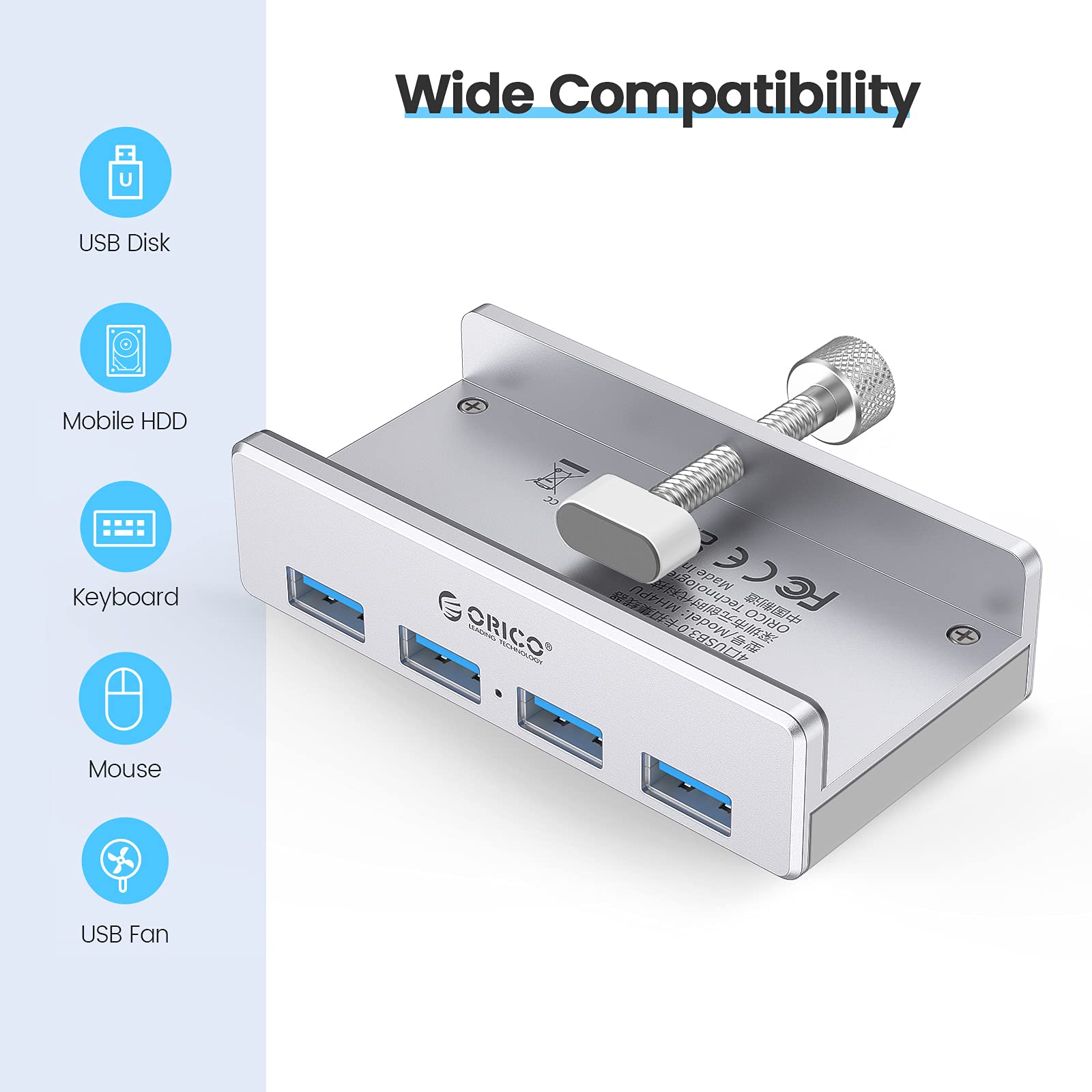 ORICO USB 3.0 Hub, USB Hub Clamp, Aluminum 4-Port USB Splitter with Extra Power Supply Port and 4.92 FT USB A to USB A and USB A to USB C Cable, Desktop Powered USB Hub for Monitors/Desks-Silver