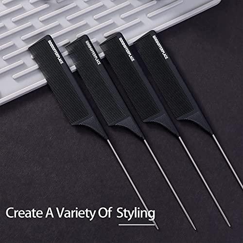 Goodofferplace 4PCS Hair Rat Tail Combs Carbon Parting Rattail Combs Teasing Fine Tooth Comb Metal Hair Pick Detangling Combs Set for Women,Girls for Curly,Braiding,Styling Hair(Black)