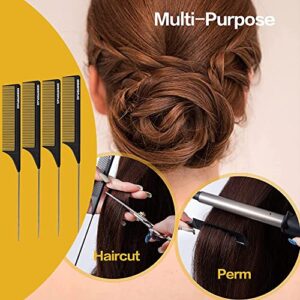 Goodofferplace 4PCS Hair Rat Tail Combs Carbon Parting Rattail Combs Teasing Fine Tooth Comb Metal Hair Pick Detangling Combs Set for Women,Girls for Curly,Braiding,Styling Hair(Black)