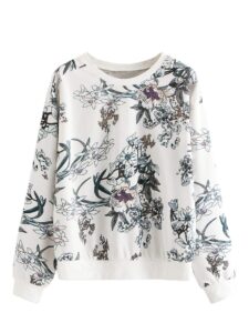 romwe women's floral print long sleeve crew neck lightweight pullover sweatshirt white x-large