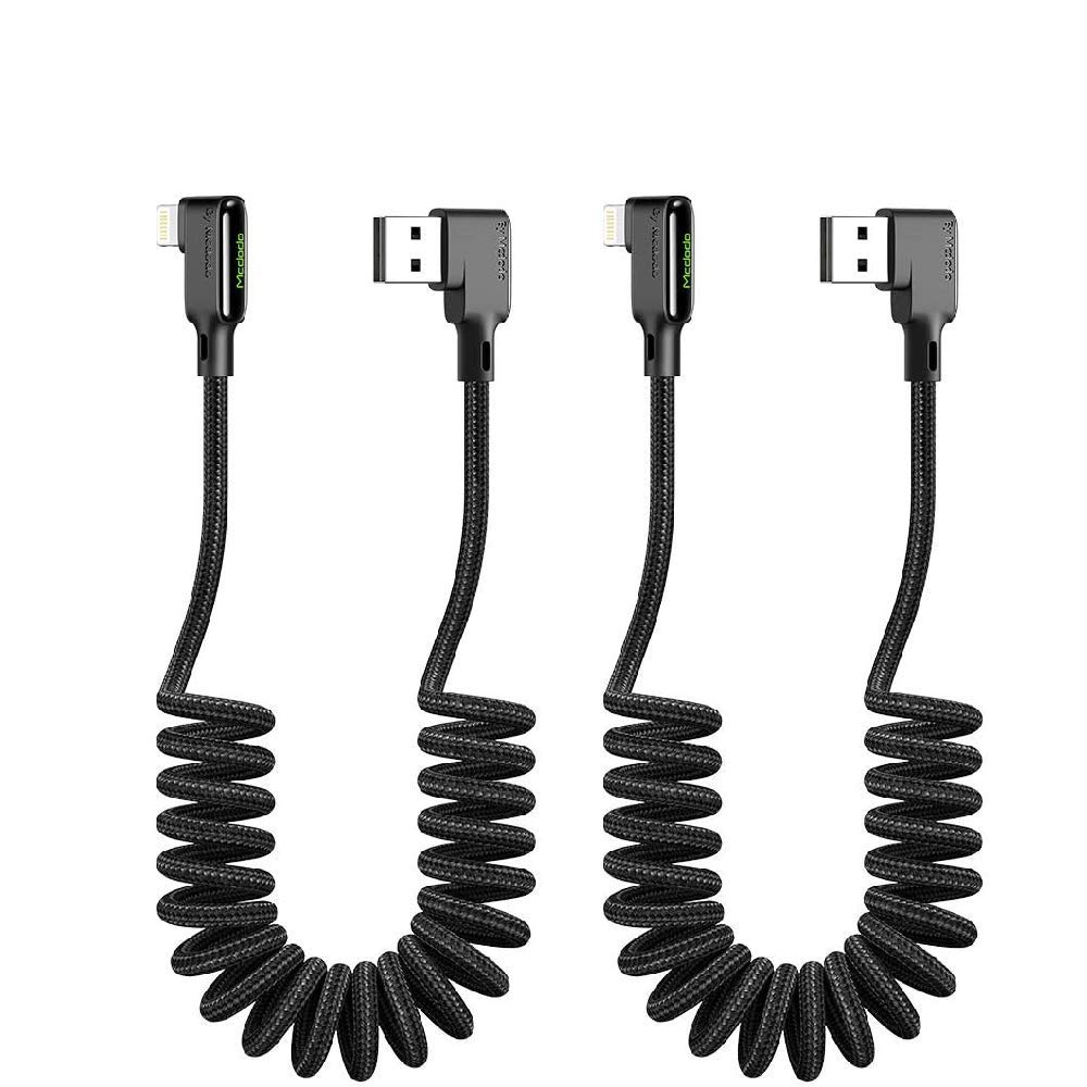 mcdodo [2 Pack] Anti Winding Cable, 90 Degree Retractable LED Coiled Cord Nylon Braided Sync Charge USB Data 6FT/1.8M Cable Compatible Phone 14/13/12/11 Pro Max XS/Max/XR/X/8//7/Pad/Pro/Air/2 More