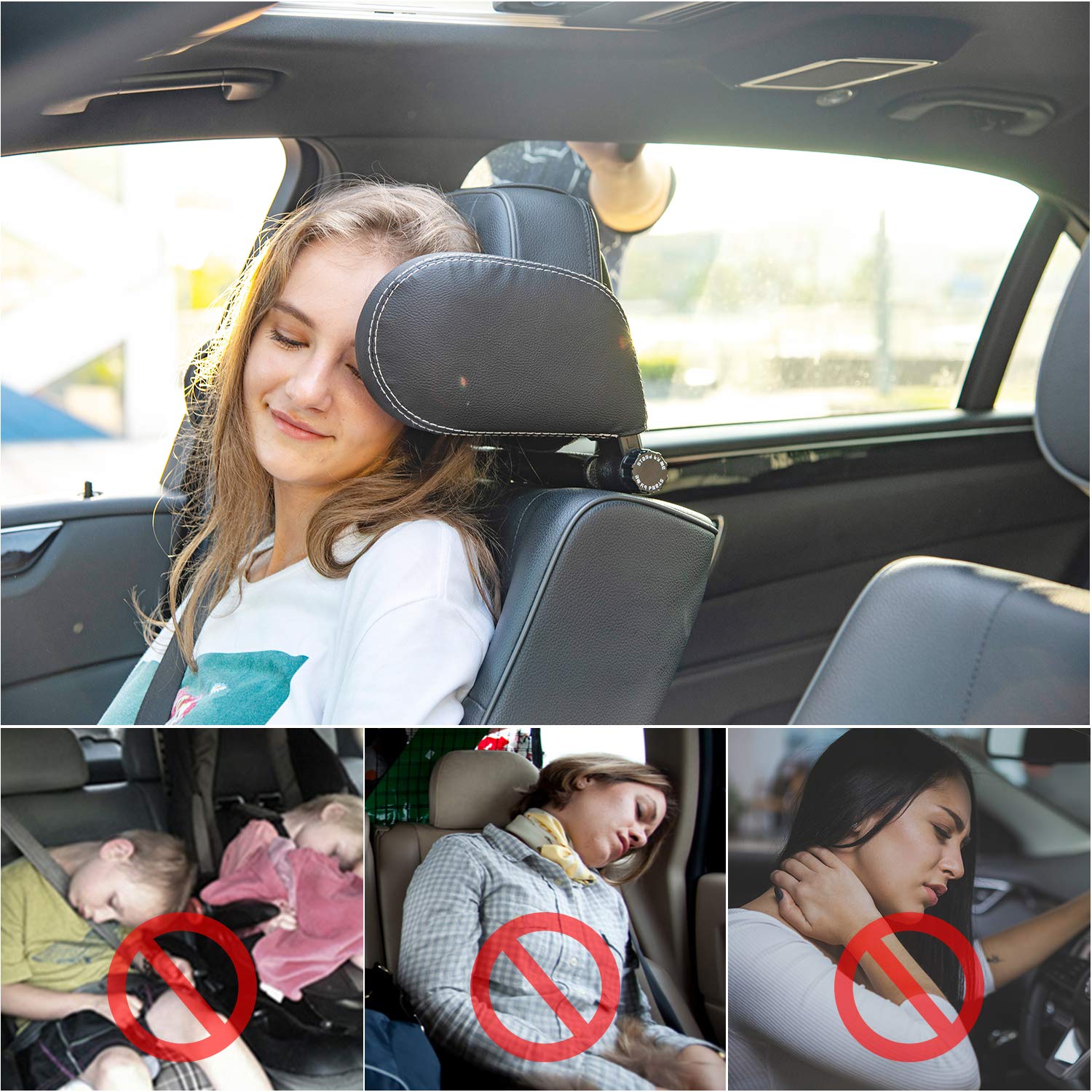 Xergur Car Headrest Pillow, Memory Foam Road Pal Headrest, Adjustable Car Seat Head Neck Support Pillow for Kids and Passenger - Sleep Better on Long Trips (Black)