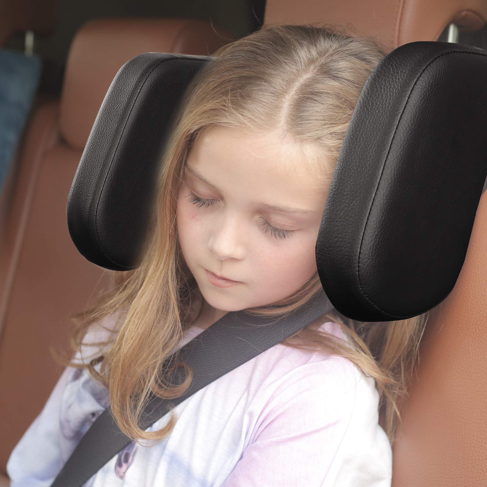 Xergur Car Headrest Pillow, Memory Foam Road Pal Headrest, Adjustable Car Seat Head Neck Support Pillow for Kids and Passenger - Sleep Better on Long Trips (Black)