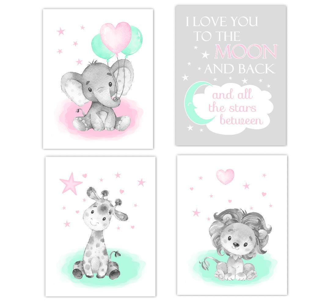 Baby Girl Nursery Art Elephant Giraffe Lion Safari Animals Wall Decor 4 UNFRAMED PRINTS