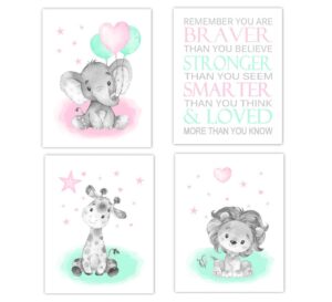 baby girl nursery art elephant giraffe lion safari animals wall decor 4 unframed prints