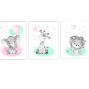 Elephants Baby Girl Nursery Art Safari Animals Giraffe Lion Wall Decor 3 UNFRAMED PRINTS