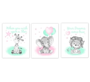 elephant baby girl nursery art safari animals giraffe lion wall decor 3 unframed prints