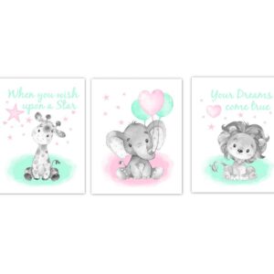 Elephant Baby Girl Nursery Art Safari Animals Giraffe Lion Wall Decor 3 UNFRAMED PRINTS