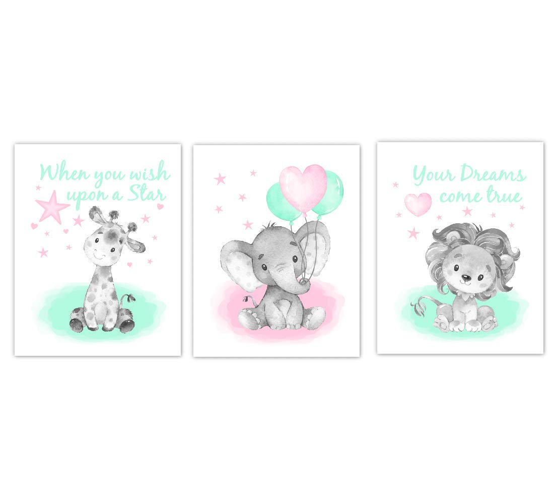 Elephant Baby Girl Nursery Art Safari Animals Giraffe Lion Wall Decor 3 UNFRAMED PRINTS