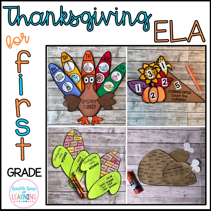 Thanksgiving ELA Crafts for 1st Grade (consonant digraphs, syllables, nouns & sight words)!