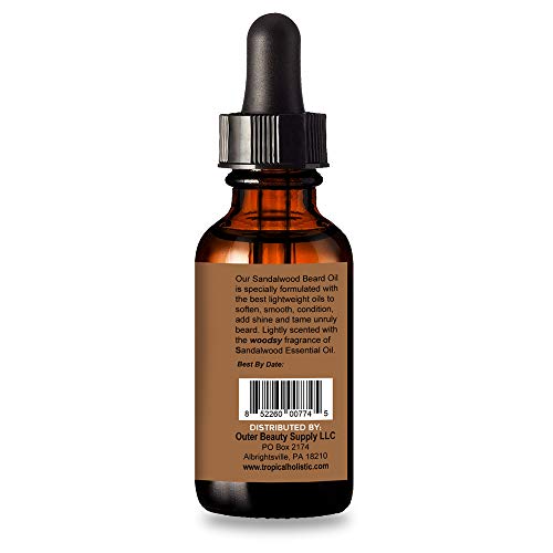 Tropical Holistic Sandalwood Beard Oil 2fl oz - Groom Men Beard & Mustache with Fresh Woodsy Scent - Nourishes, Restores Shine, & Tames Unruly Hair