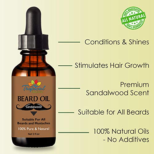 Tropical Holistic Sandalwood Beard Oil 2fl oz - Groom Men Beard & Mustache with Fresh Woodsy Scent - Nourishes, Restores Shine, & Tames Unruly Hair