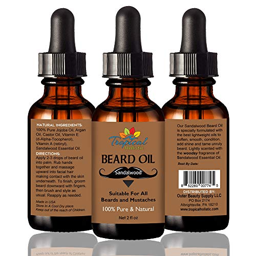 Tropical Holistic Sandalwood Beard Oil 2fl oz - Groom Men Beard & Mustache with Fresh Woodsy Scent - Nourishes, Restores Shine, & Tames Unruly Hair