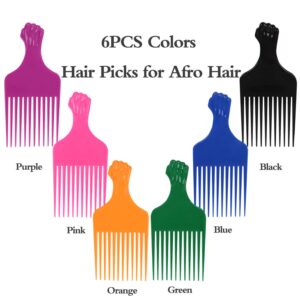 LEADUWAY Hair Pick Comb, Fist Hair Picks for Afro Hair, Plastic 6.5 inch Afro Picks for Women and Men, Lift Hair Pick for Curly Hair, Rainbow Set (6 PCS)