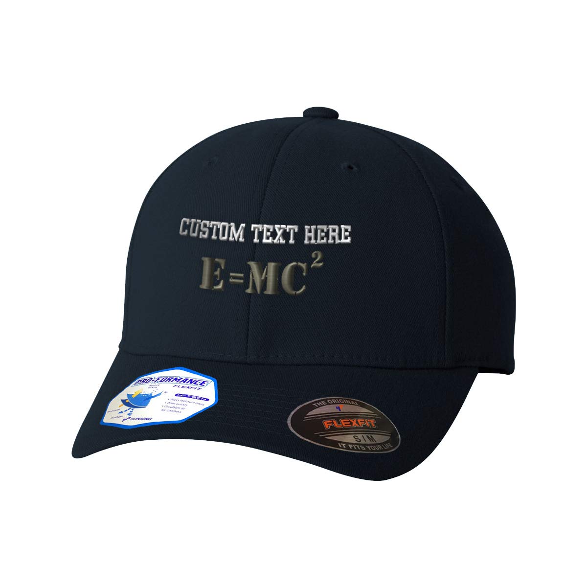 Custom Flexfit Hats for Men & Women Emc2 Albert Einstein Geek Nerd Embroidery Polyester Dad Hat Baseball Cap Dark Navy Personalized Text Here Small Medium