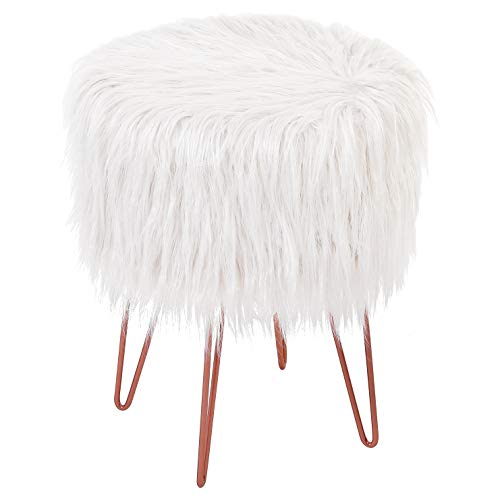 BIRDROCK HOME White Faux Fur Vanity Stool Chair - Soft Furry Compact Padded Seat - Vanity, Living Room, Bedroom and Kids Room Chairs - Hair Pin Metal Legs Upholstered Decorative Furniture Foot Rest