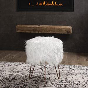 BIRDROCK HOME White Faux Fur Vanity Stool Chair - Soft Furry Compact Padded Seat - Vanity, Living Room, Bedroom and Kids Room Chairs - Hair Pin Metal Legs Upholstered Decorative Furniture Foot Rest