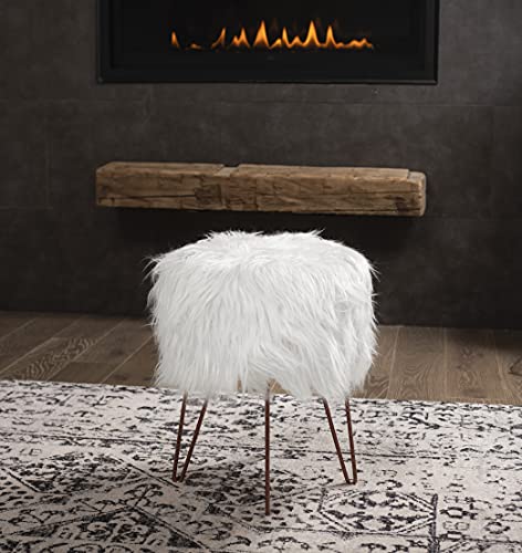 BIRDROCK HOME White Faux Fur Vanity Stool Chair - Soft Furry Compact Padded Seat - Vanity, Living Room, Bedroom and Kids Room Chairs - Hair Pin Metal Legs Upholstered Decorative Furniture Foot Rest