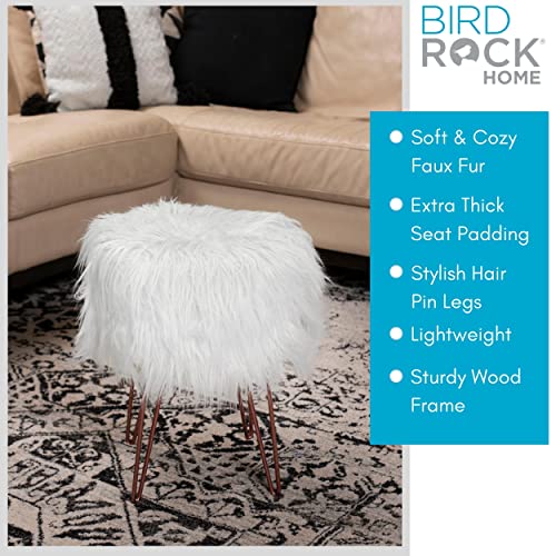 BIRDROCK HOME White Faux Fur Vanity Stool Chair - Soft Furry Compact Padded Seat - Vanity, Living Room, Bedroom and Kids Room Chairs - Hair Pin Metal Legs Upholstered Decorative Furniture Foot Rest