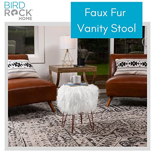 BIRDROCK HOME White Faux Fur Vanity Stool Chair - Soft Furry Compact Padded Seat - Vanity, Living Room, Bedroom and Kids Room Chairs - Hair Pin Metal Legs Upholstered Decorative Furniture Foot Rest