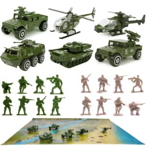 23 pack die-cast military vehicles sets,6 pack assorted alloy metal army models car toys,16 pack soldier army men,1 playmat,mini army toy tank,panzer,anti-air vehicle,helicopter playset for kids boys