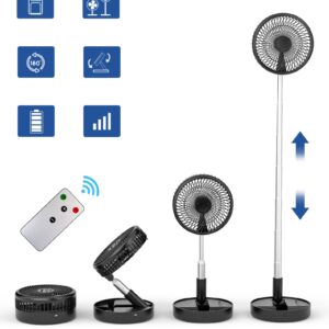 Primevolve Battery Operated Portable Standing Fan, Rechargeable USB Personal Floor Fan with Adjustable Height Black