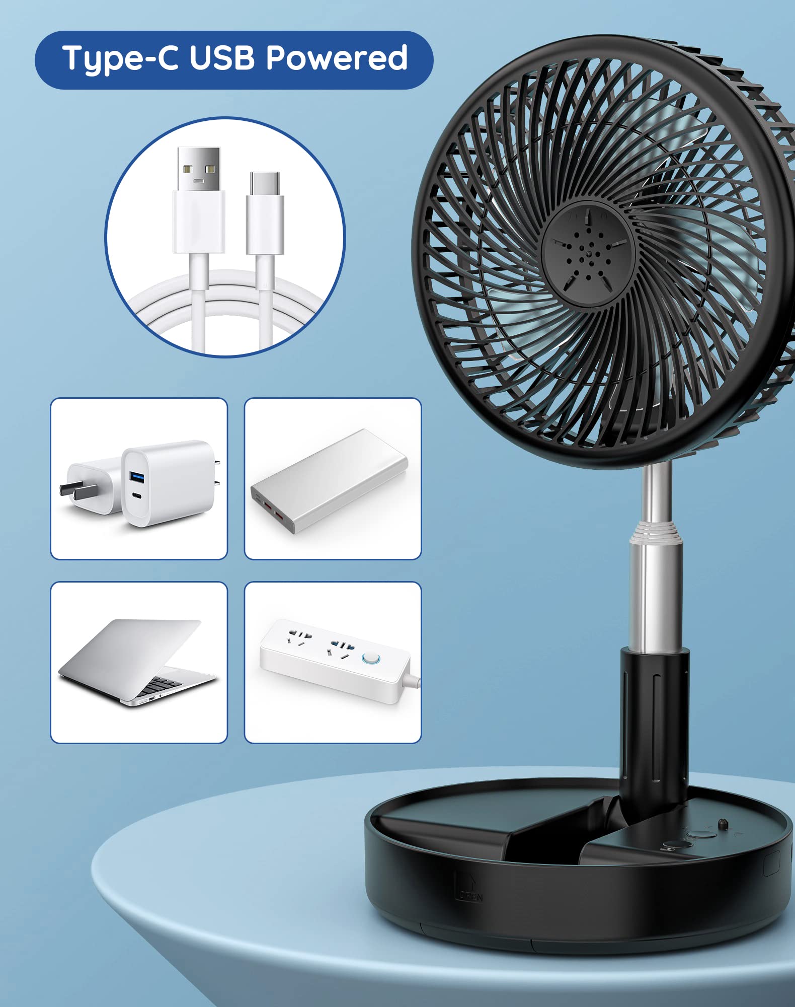 Primevolve Battery Operated Portable Standing Fan, Rechargeable USB Personal Floor Fan with Adjustable Height Black